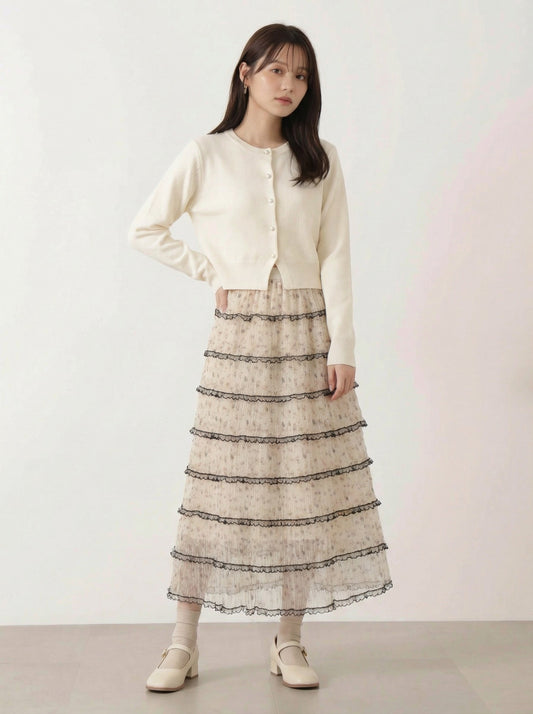 純白底色＋黑邊荷葉層次蛋糕裙（無袖半身裙）