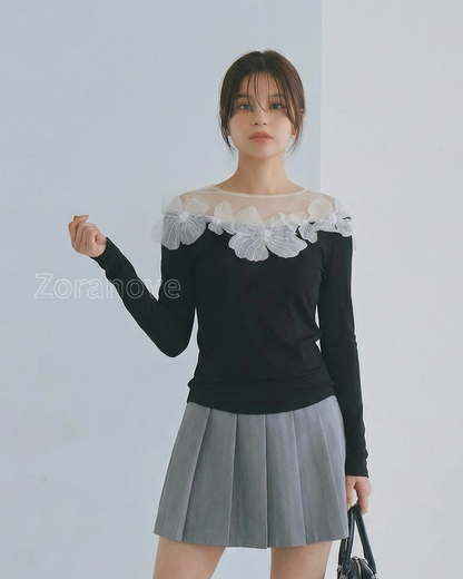 網紗拼接一字領立體花朵長袖T恤