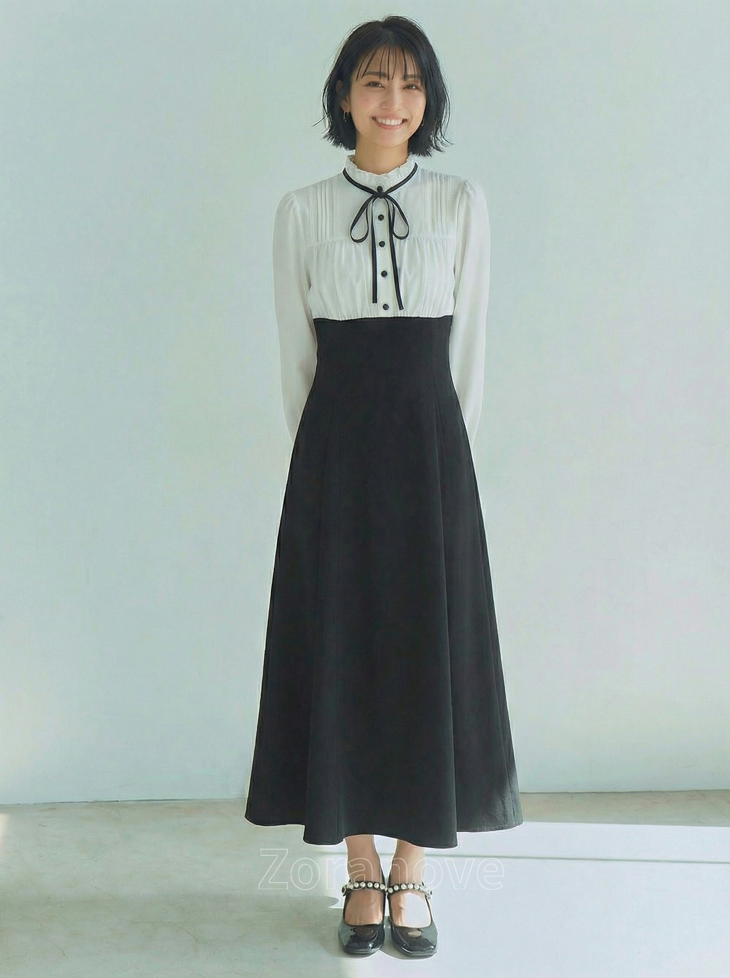 蝴蝶結立領拼接高腰收腰假兩件連身裙