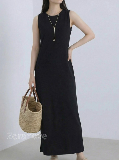 圓領短袖直筒垂墜感長版洋裝