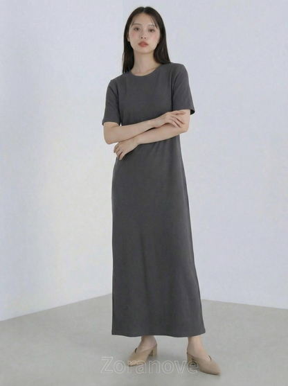 圓領短袖直筒垂墜感長版洋裝