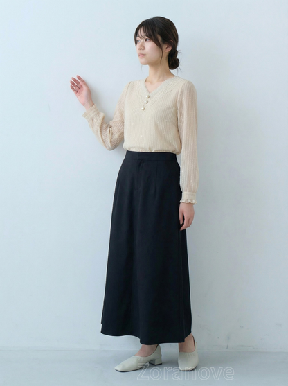 蕾絲V領珍珠鈕扣直條紋雪紡上衣