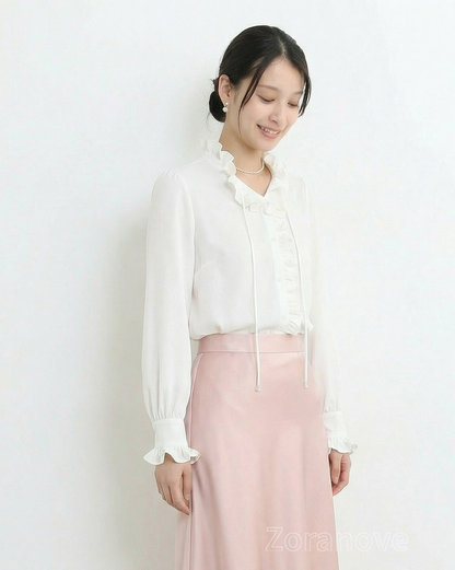 荷葉邊立領綁帶長袖襯衫
