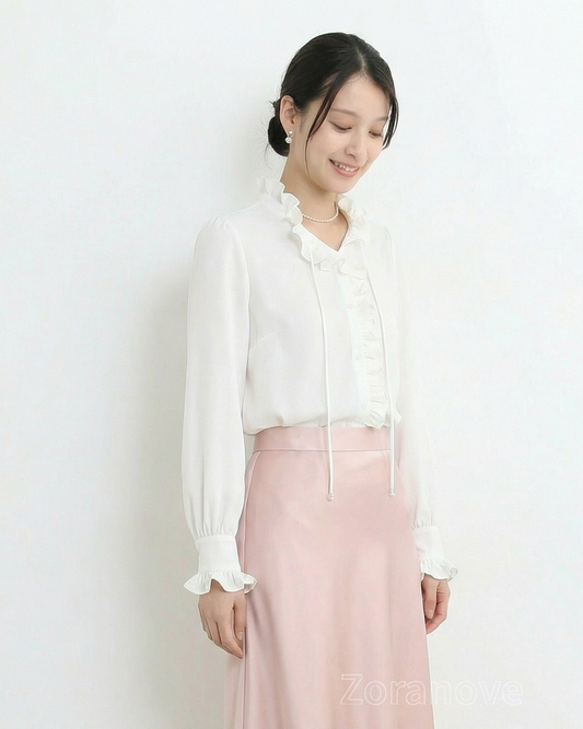 荷葉邊立領綁帶長袖襯衫