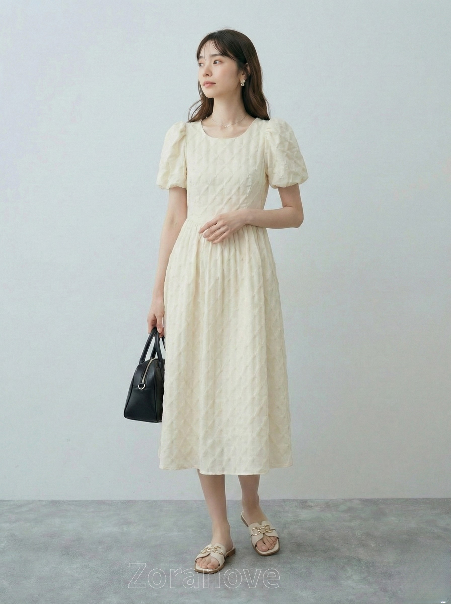 立體提花泡泡袖短袖收腰A字長裙