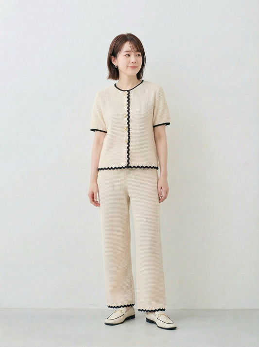 純白撞色波浪邊短版上衣＋寬褲長褲兩件式套裝