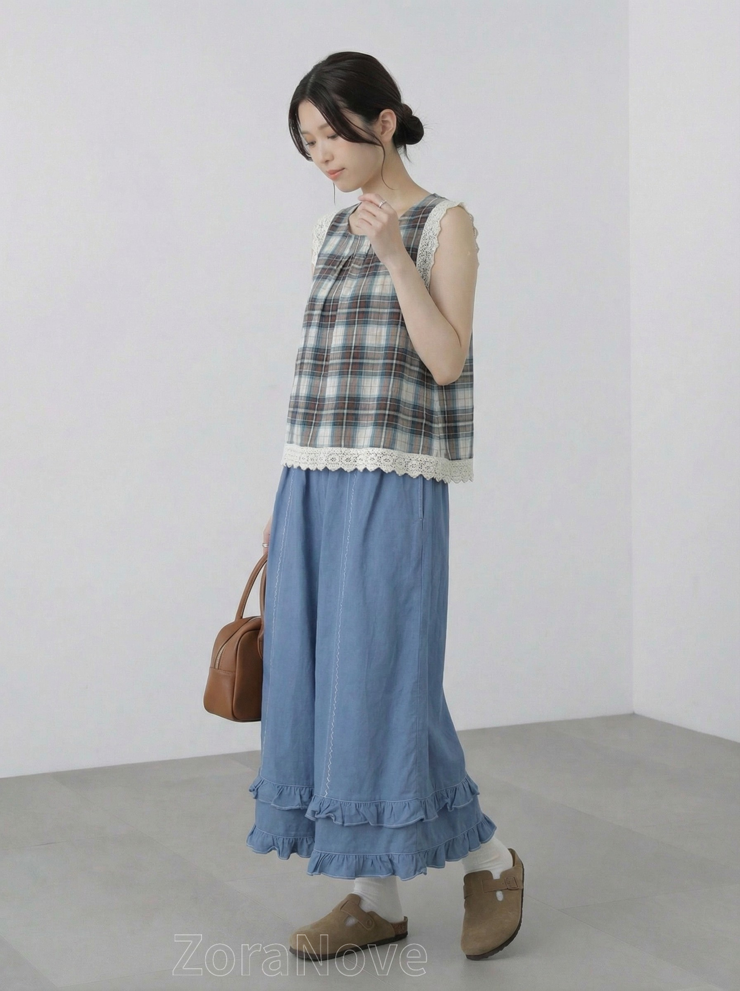 寶藍色高腰鬆緊腰褶邊闊腿長褲