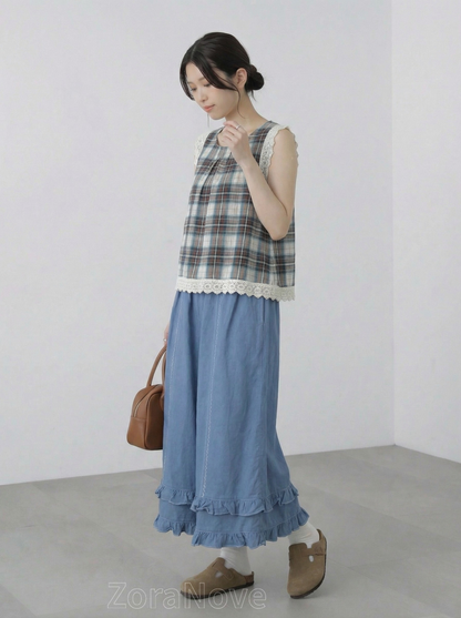 寶藍色高腰鬆緊腰褶邊闊腿長褲