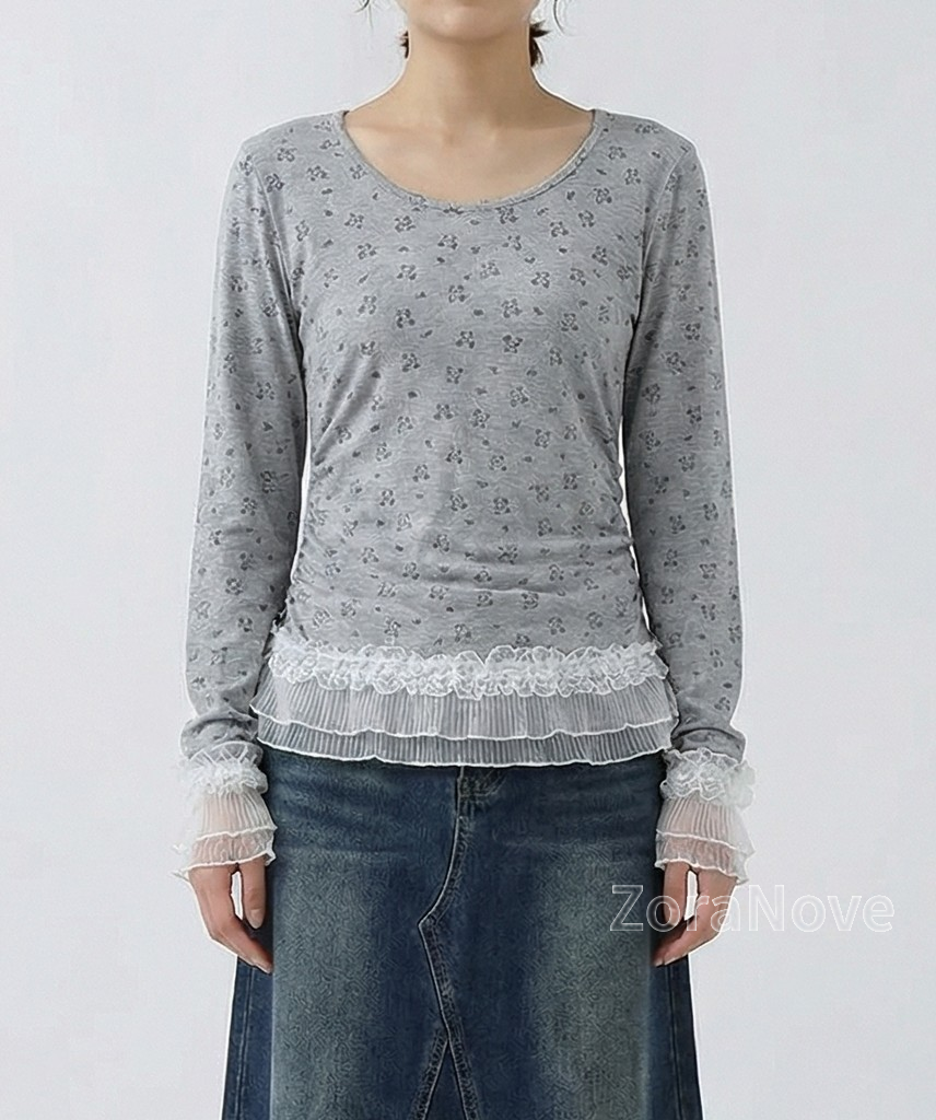 方領修身蕾絲拼接長袖T恤