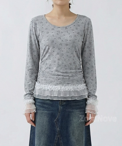 方領修身蕾絲拼接長袖T恤