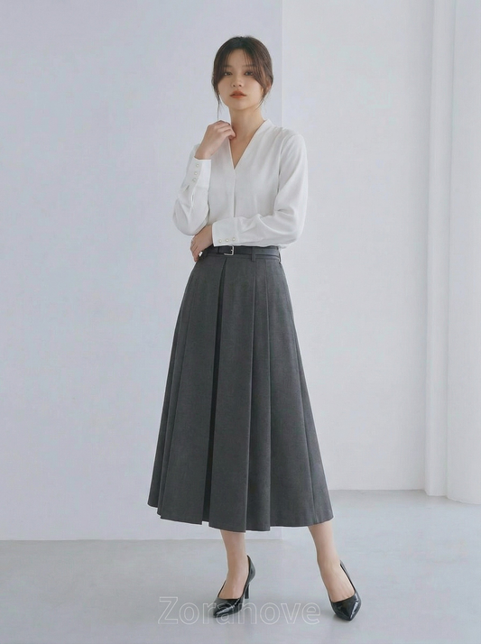 高腰腰帶設計 立體褶皺A字傘裙（中長版）