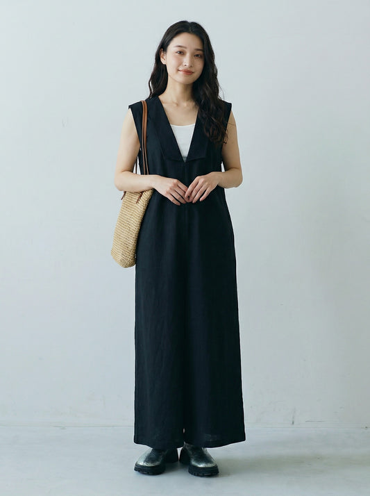 深V翻領闊腿無袖連身褲