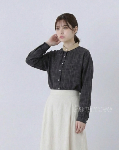 黑色千鳥格紋立領寬鬆長袖襯衫