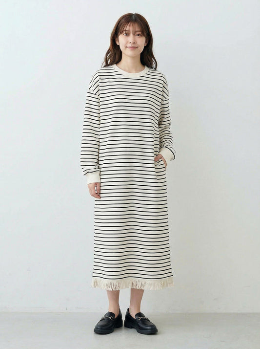 黑色細條紋流蘇下擺寬鬆連身裙