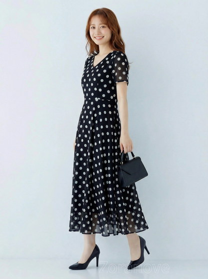 V領收腰大擺雪紡波點洋裝