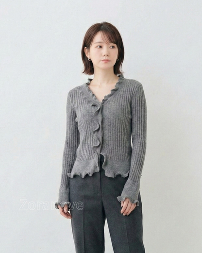 灰階V領荷葉邊修身羅紋針織上衣