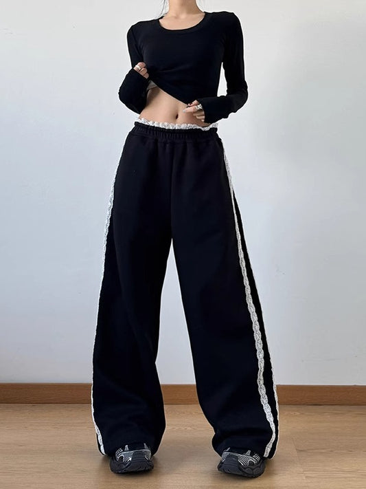 蕾絲側邊條紋鬆緊腰寬褲