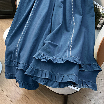 寶藍色高腰鬆緊腰褶邊闊腿長褲