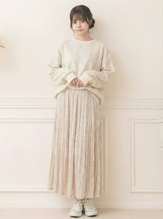 珠光感褶皺高腰垂墜百褶長裙