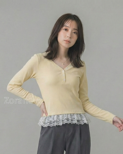 V領排扣蕾絲拼接內搭上衣