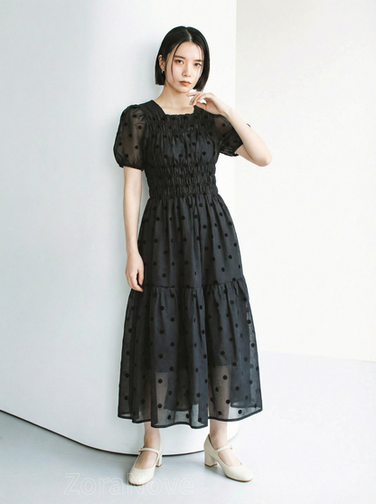 泡泡袖收腰蛋糕裙波點洋裝