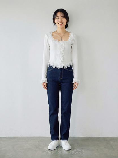 方領蕾絲滾邊修身內搭上衣