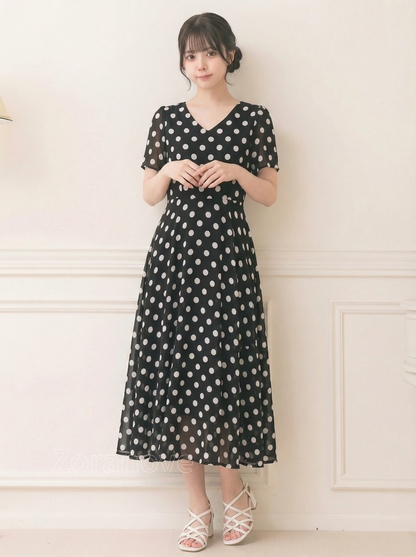 V領收腰大擺雪紡波點洋裝