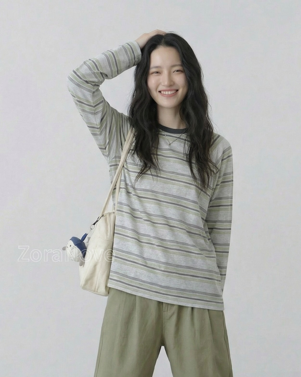 深綠色條紋寬鬆落肩長袖T恤