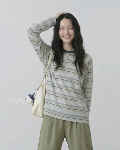 深綠色條紋寬鬆落肩長袖T恤
