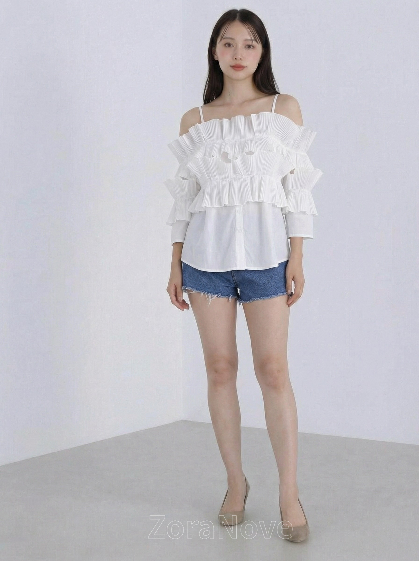 一字領荷葉褶層次感襯衫