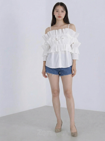 一字領荷葉褶層次感襯衫