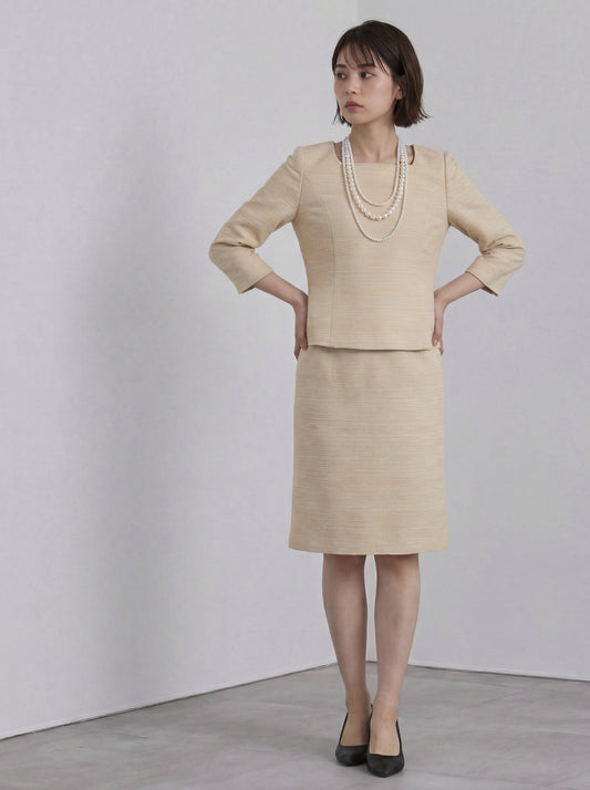 方領七分袖層次感連身裙套裝