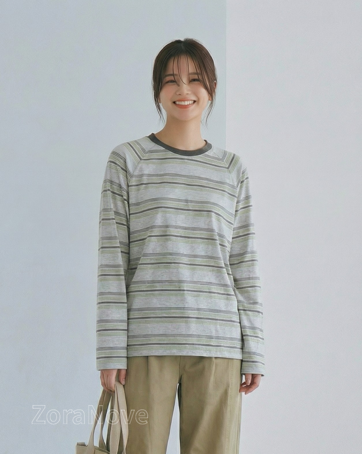 深綠色條紋寬鬆落肩長袖T恤