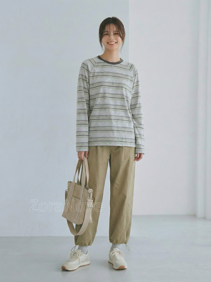 深綠色條紋寬鬆落肩長袖T恤