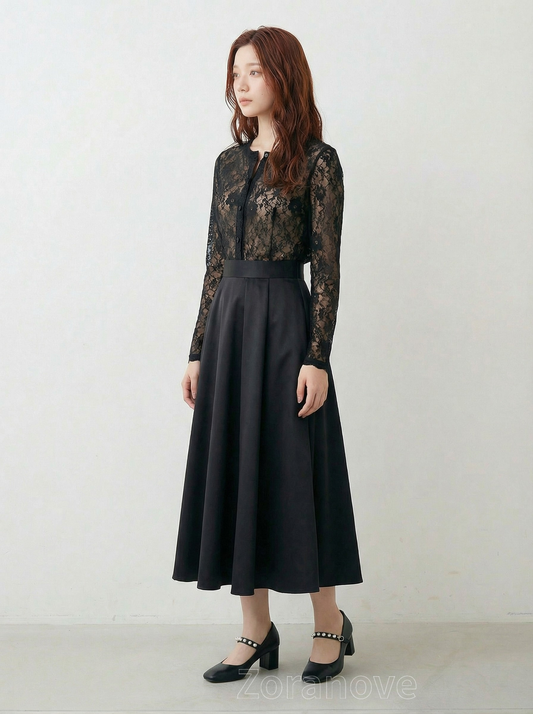 黑色蕾絲拼接修身洋裝上衣＋高腰大擺長裙兩件式套裝