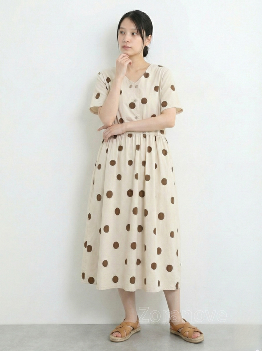 純白底色大圓點收腰排釦洋裝