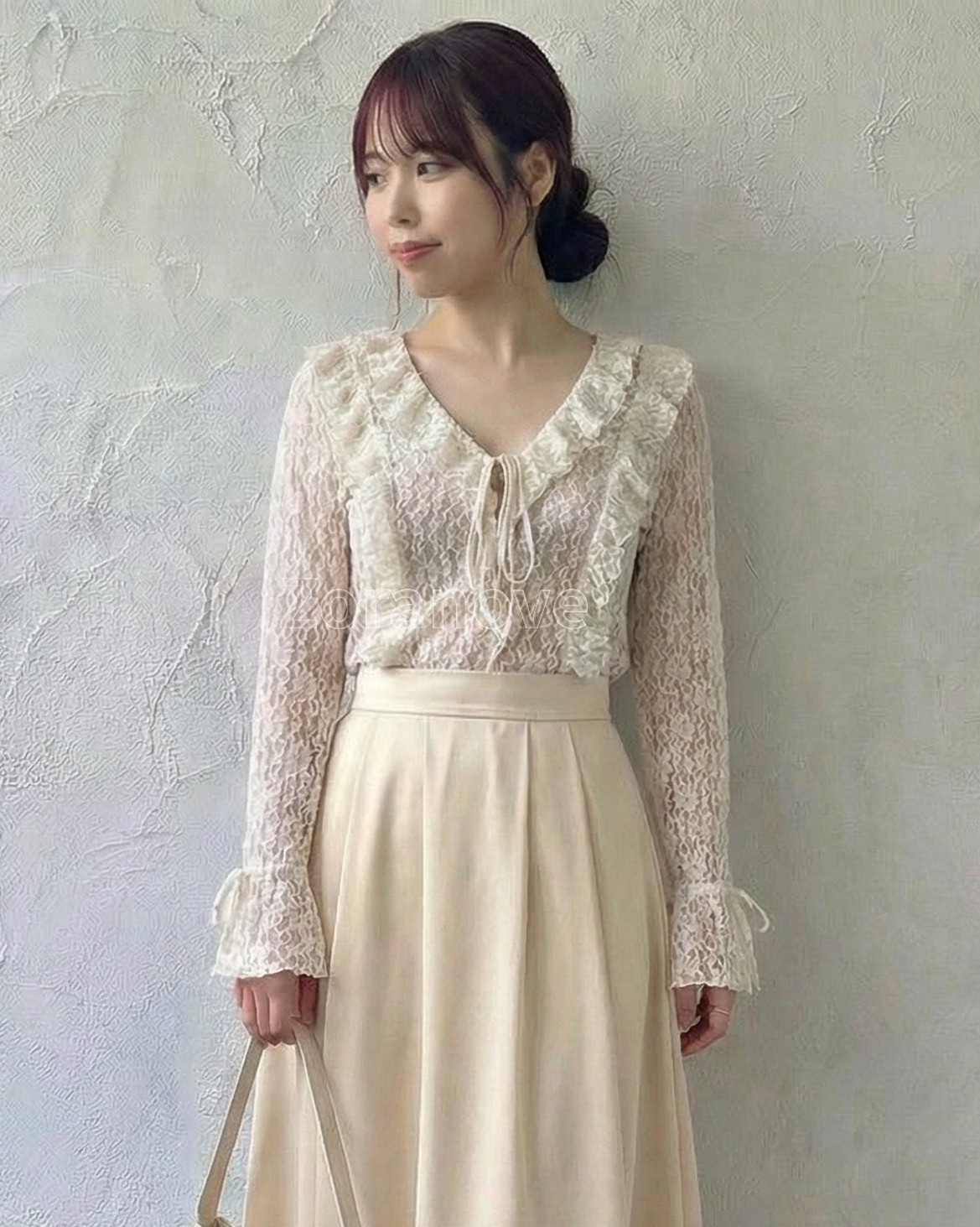 蕾絲透視荷葉邊綁帶長袖上衣