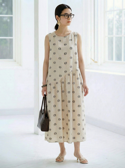 淺米色波點印花寬鬆A字無袖背心洋裝