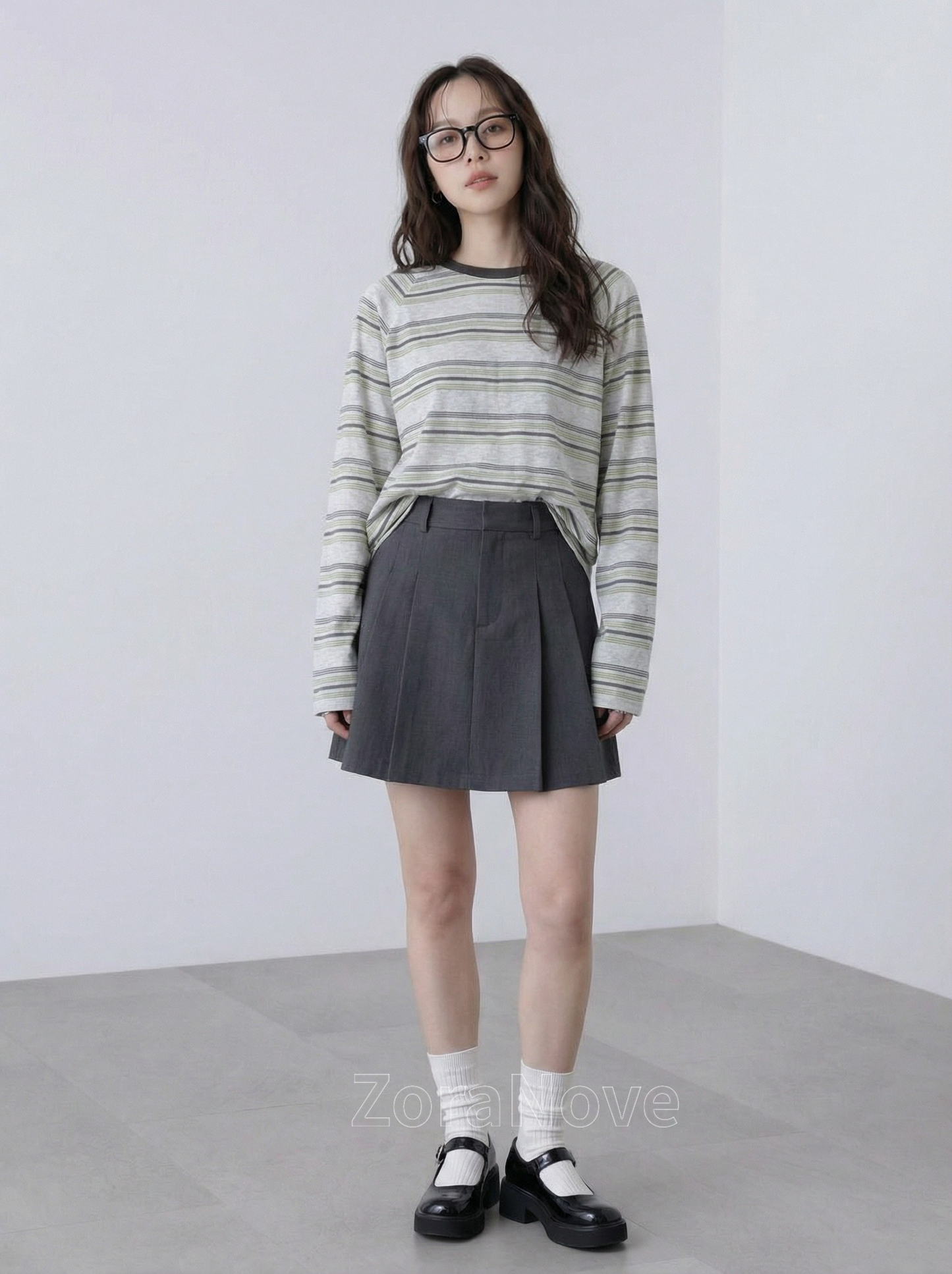 深綠色條紋寬鬆落肩長袖T恤