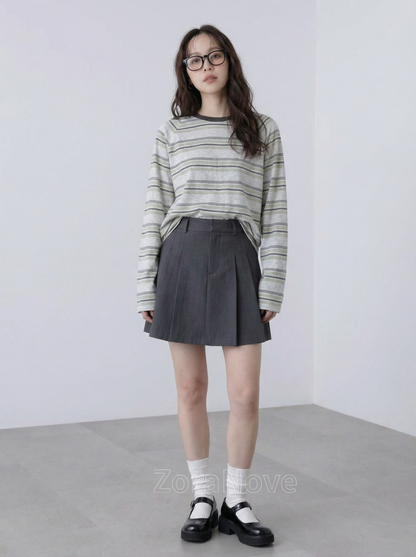 深綠色條紋寬鬆落肩長袖T恤