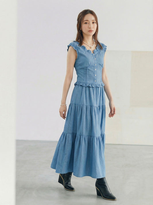 寶藍色荷葉邊排釦吊帶背心＋三層蛋糕裙半身裙兩件式套裝