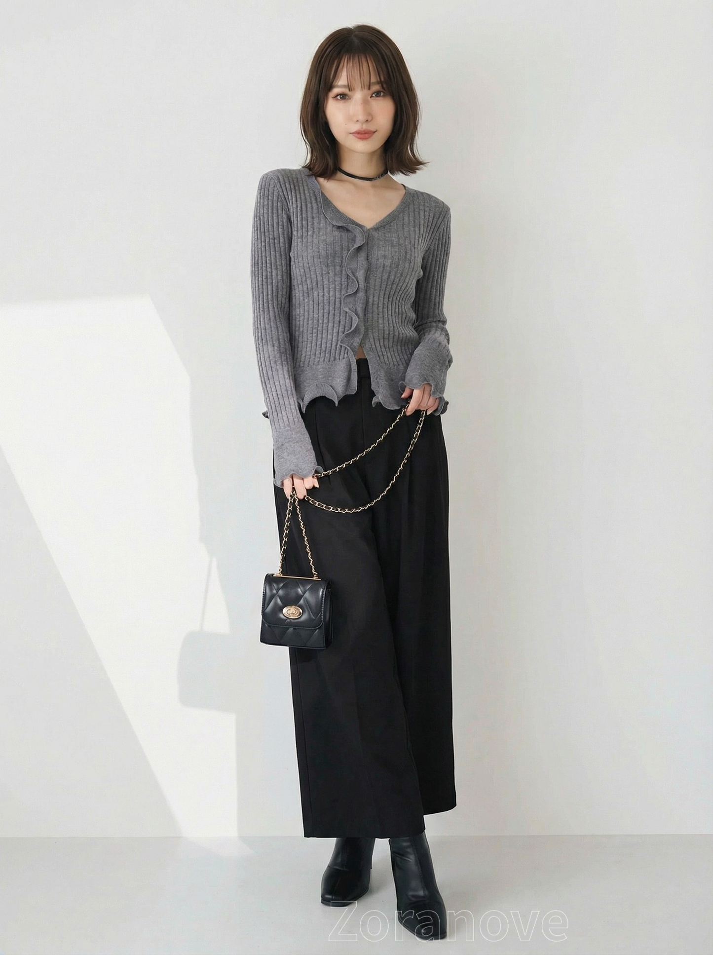 灰階V領荷葉邊修身羅紋針織上衣