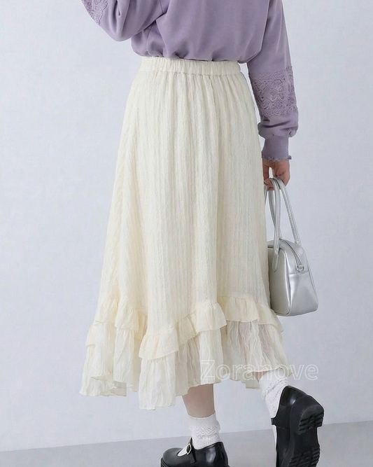 杏色提花拼接荷葉邊A字長裙