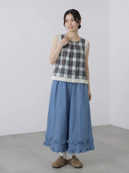 寶藍色高腰鬆緊腰褶邊闊腿長褲