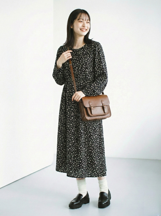 V領收腰長袖碎花洋裝