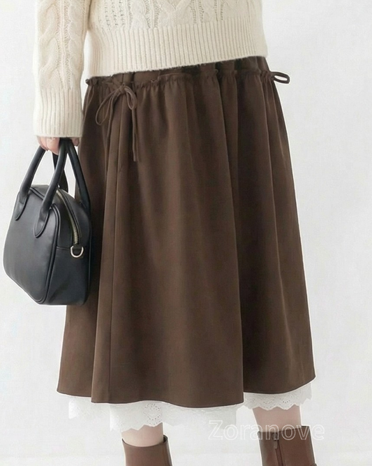 高腰鬆緊腰側邊繫帶拼接荷葉邊A字中長裙