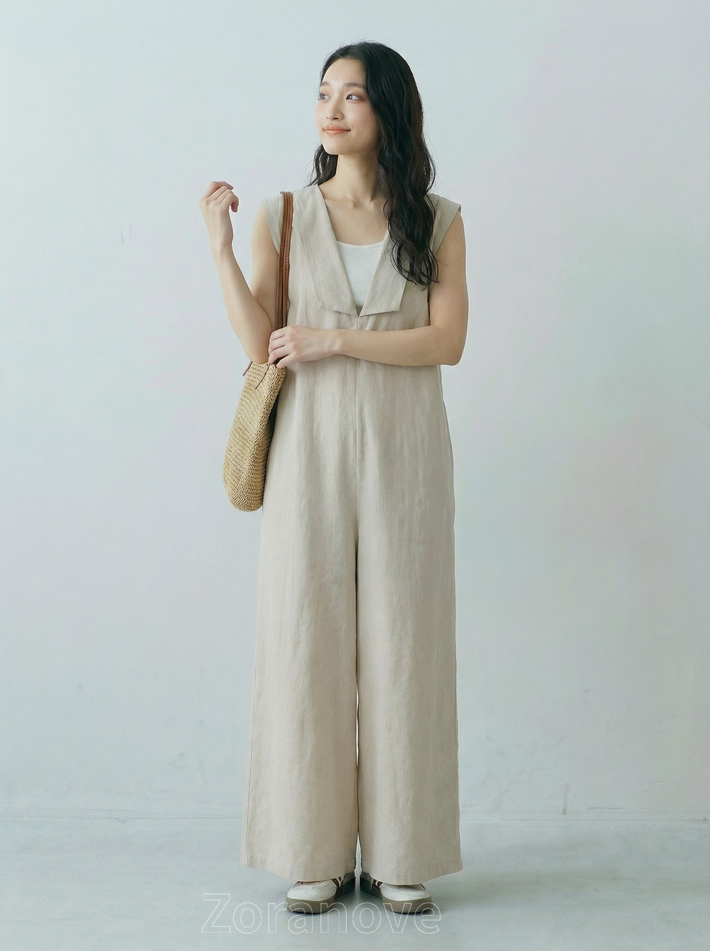 深V翻領闊腿無袖連身褲
