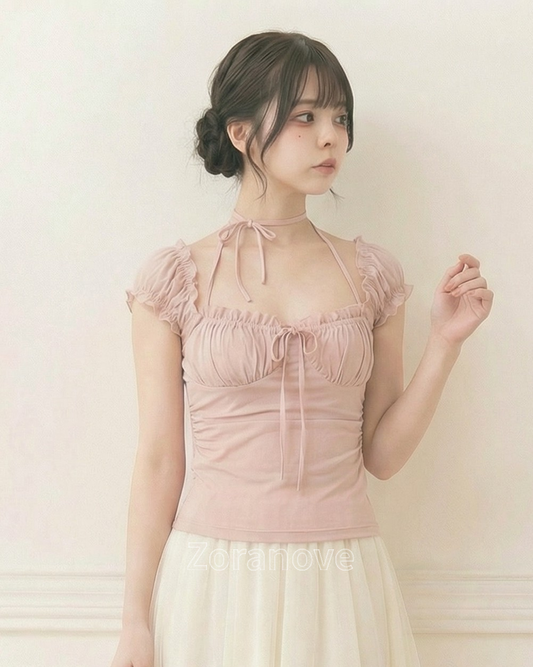 掛頸綁帶褶皺收腰吊帶背心