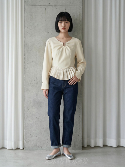 U型環扣抽褶收腰百褶荷葉下擺襯衫