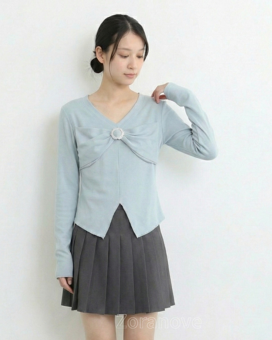 V領蝴蝶結胸飾不對稱下擺長袖T恤